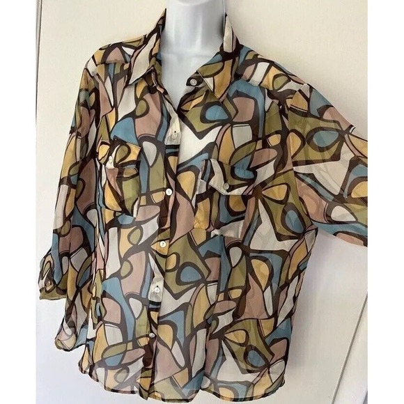 Nicola Top Y2K 2000s Woman's 1X Button Shirt Mod Psychedelic Semi Sheer - Picture 1 of 16